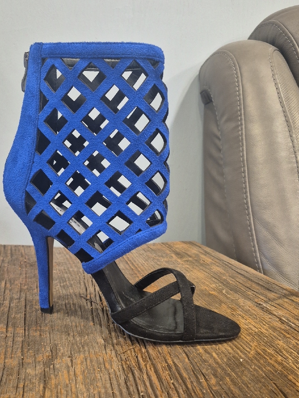 Chelsea & Zoe Royal Blue Lattice Stiletto Sandal with Black Straps